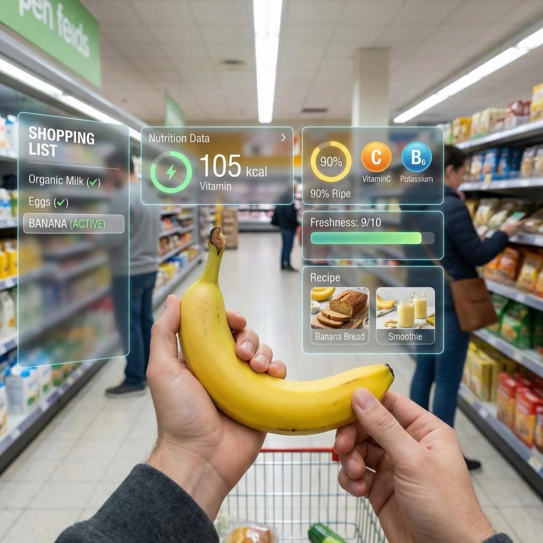 First-person perspective inside a brightly lit supermarket aisle. 
